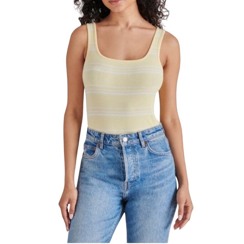 Steve Madden Rib Knit Square Neck Bodysuit Yellow Stripe Tank L NWT